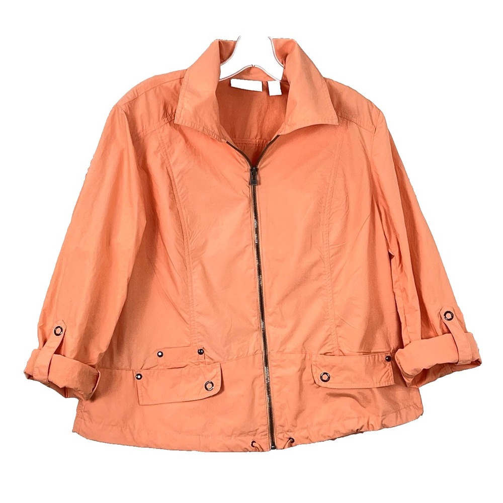 Chicos Womens Windbreaker Jacket 2/US12 Soft Orange‎ Long Sleeve Roll Tab Zipper